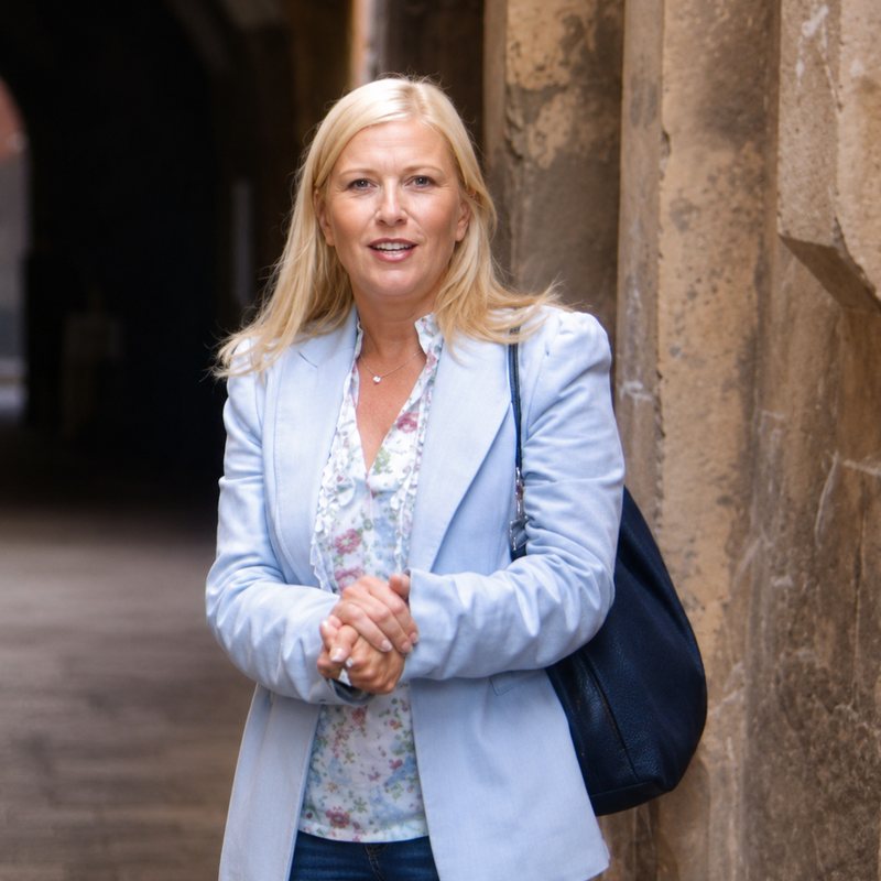 Victoria Currie of the Curated Nomad, standing in a stone archway in a pale blue jacket