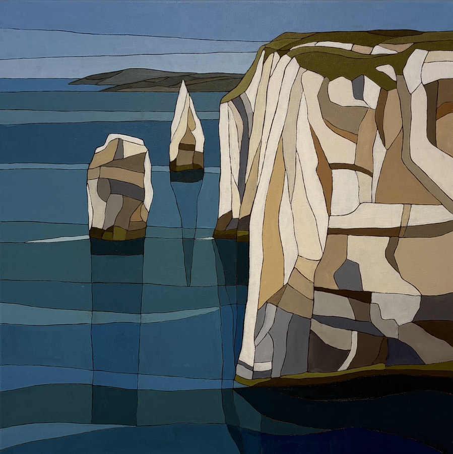 Chalk Stacks, Ballard Down — framed oil painting by Caz Scott, chalk sea stacks and cliff in blocks of white and grey above a turquoise sea