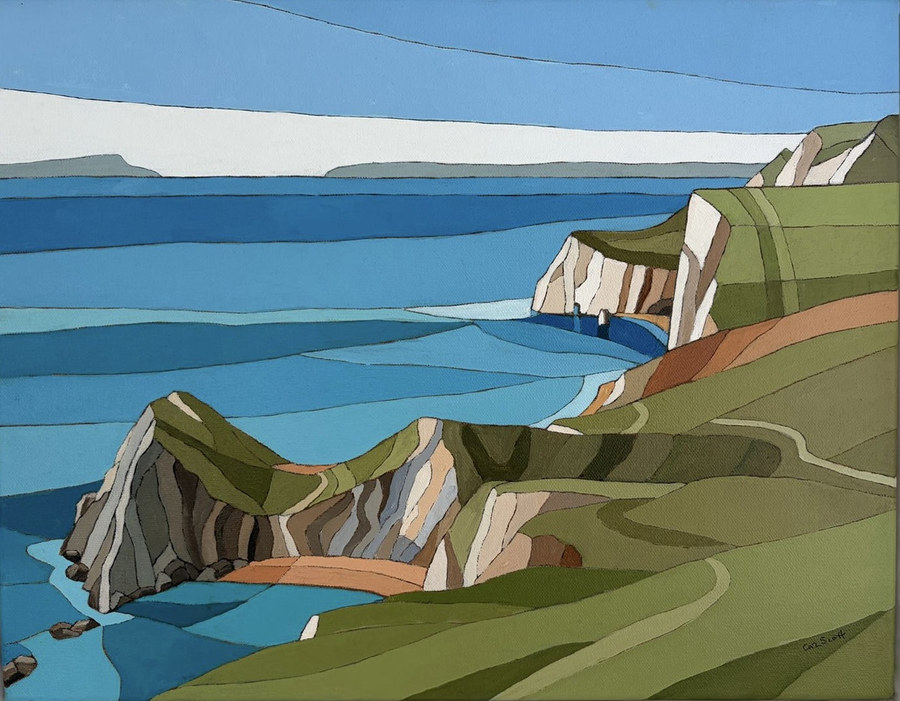 Durdle Door V — framed oil on canvas by Caz Scott, the Durdle Door arch and the green headland above it in flat blocks of green, chalk white and blue