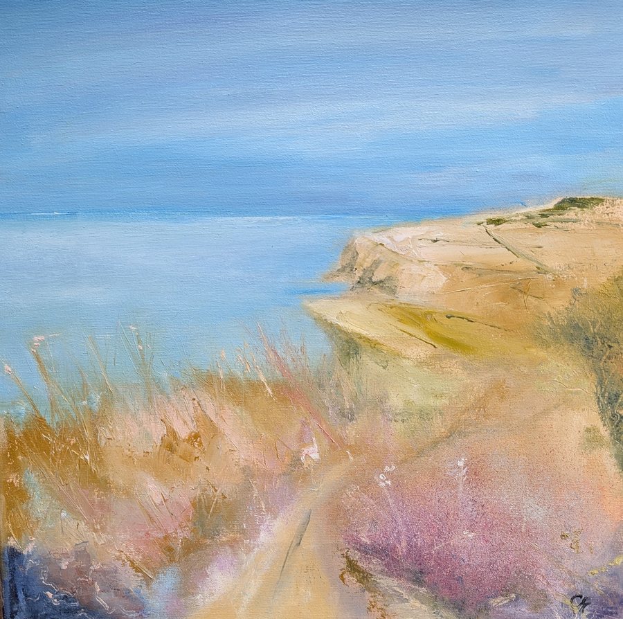 Cliff Walk, Hot Summer — oil on canvas by Charlotte Miller, a chalk headland above a pale blue sea, a sandy path running up through ochre and pink grasses