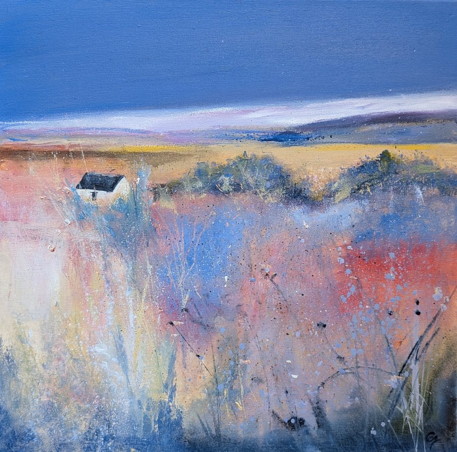 Dusk, Late Autumn — mixed media by Charlotte Miller, a small white cottage alone on open heathland, the foreground worked in pink, blue and cream below a distant band of sea