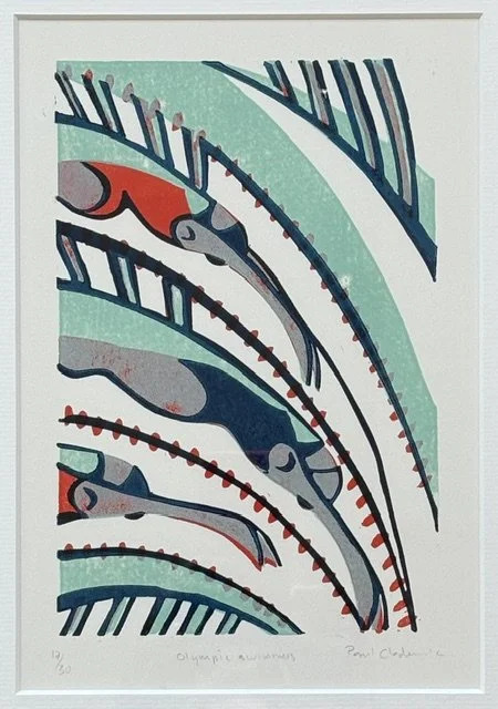 Olympic Swimmers — framed lino print by Paul Cleden