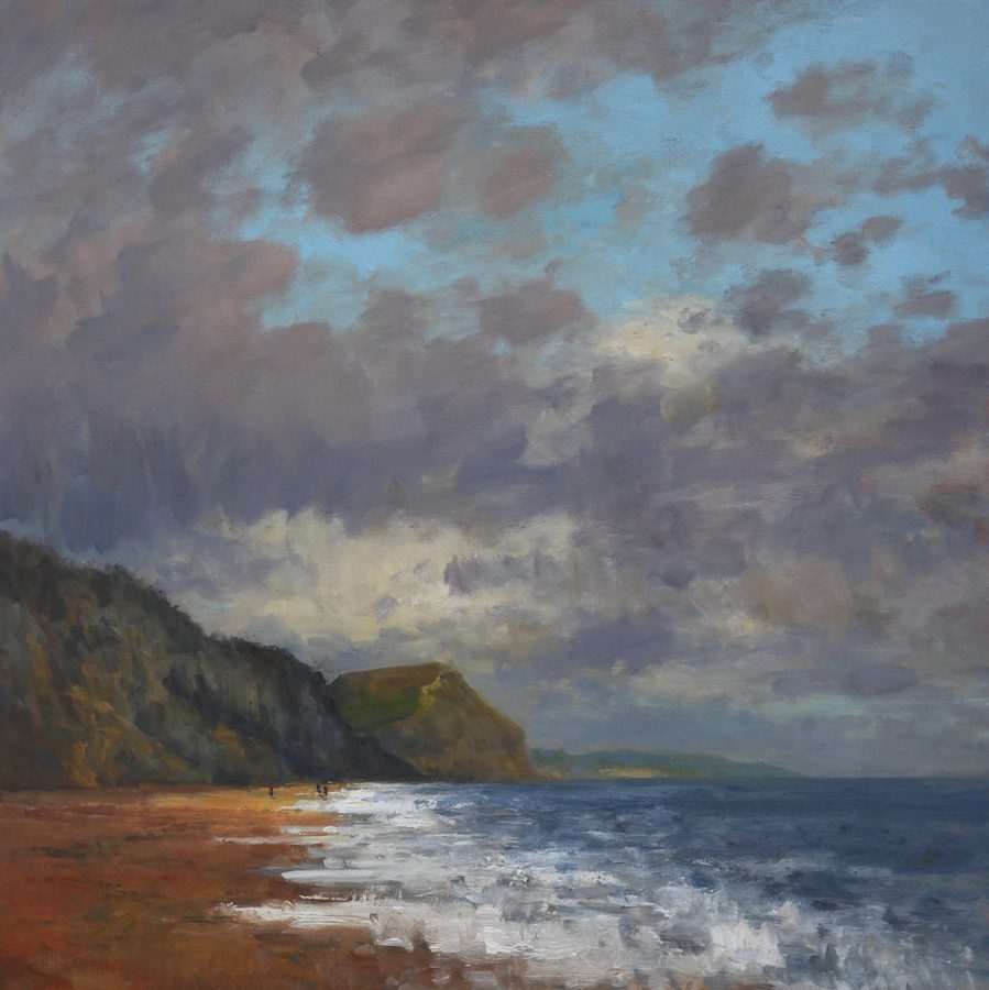 Cloudy Day and Golden Cap — oil on canvas by Colin Willey, a heavy cumulus sky over Golden Cap with surf breaking onto an ochre beach