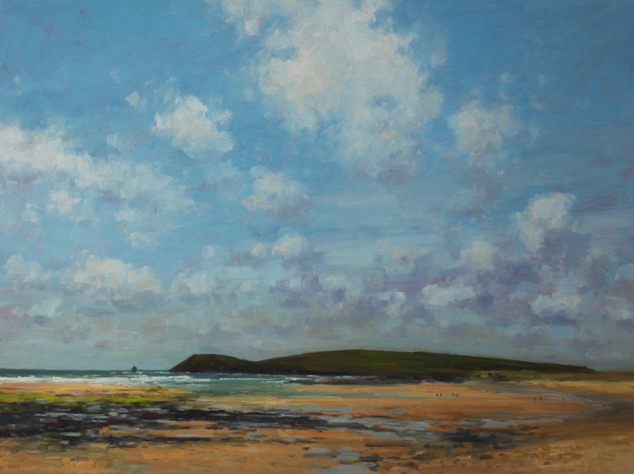 View across Constantine Bay — oil on canvas by Colin Willey, a broad Cornish beach of wet ochre sand and dark rocks below a green headland and a tall cumulus sky