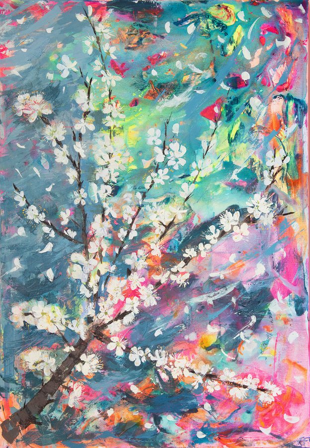 Blackthorn Blossom — acrylic on canvas by Erica Fairhurst, white blossom scattered along dark branches across a dense field of turquoise, pink and yellow