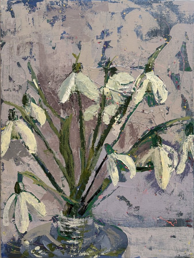 Snowdrops in a Pot — framed acrylic by Erica Fairhurst, white snowdrops in a glass jar against a mottled mauve ground, laid on thickly