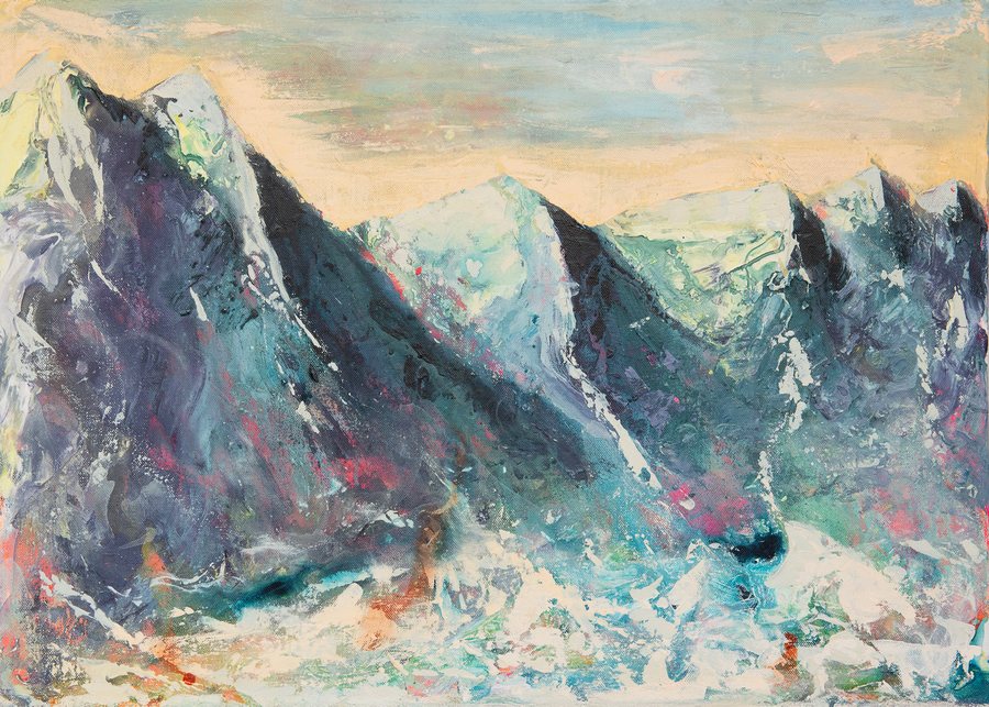 The Dolomites — acrylic on canvas by Erica Fairhurst, jagged blue-grey peaks under a pale apricot sky, laid on in thick palette-knife strokes