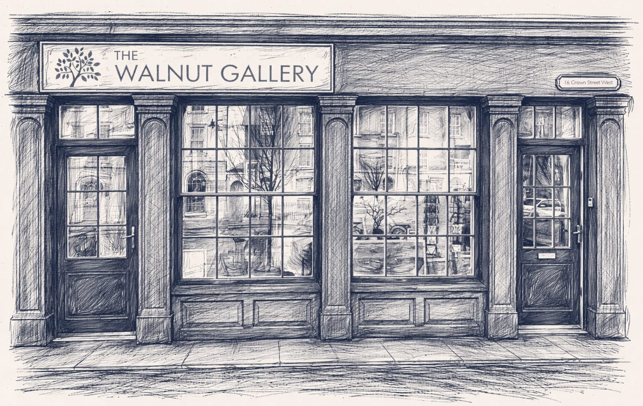 Pen sketch of The Walnut Gallery shopfront at 16 Crown Street West, Poundbury