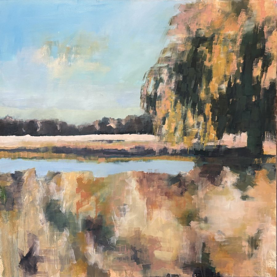 Shady Tree, Royal Park — framed oil painting by Janet Massey, a stand of autumn trees above a pale lake broken into flecks of cream, pink and green