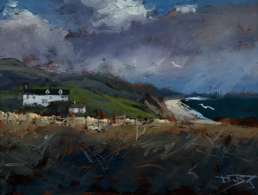 Burton Cliff — framed oil on board by John Boyd, a heavy dark sky over a green headland and white farm buildings, gulls above a stubbled foreground