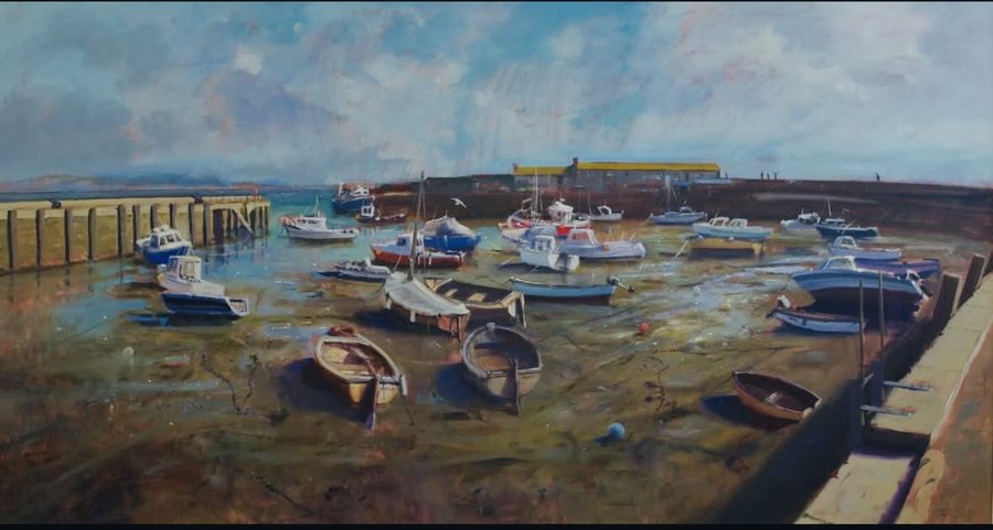 The Cobb — framed oil on board by John Boyd, fishing boats grounded on the mud inside the Cobb at Lyme Regis under a wide grey sky