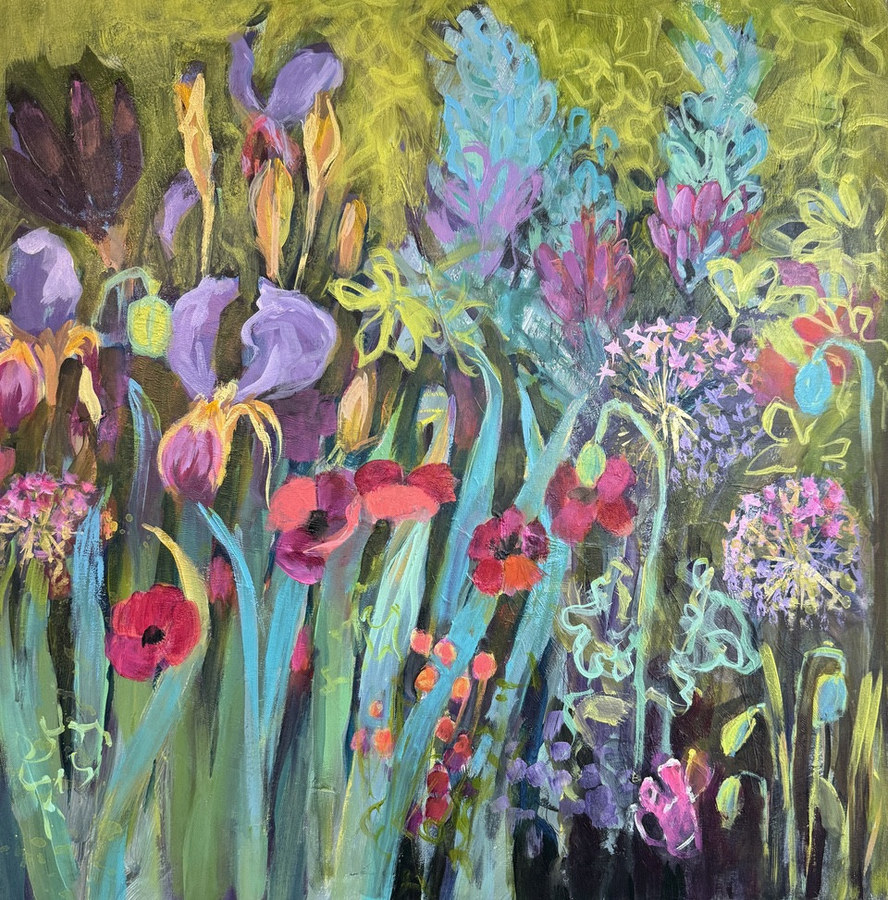 As I See It — acrylic on canvas by Judy Tate, irises, poppies and alliums massed in purple, pink and yellow