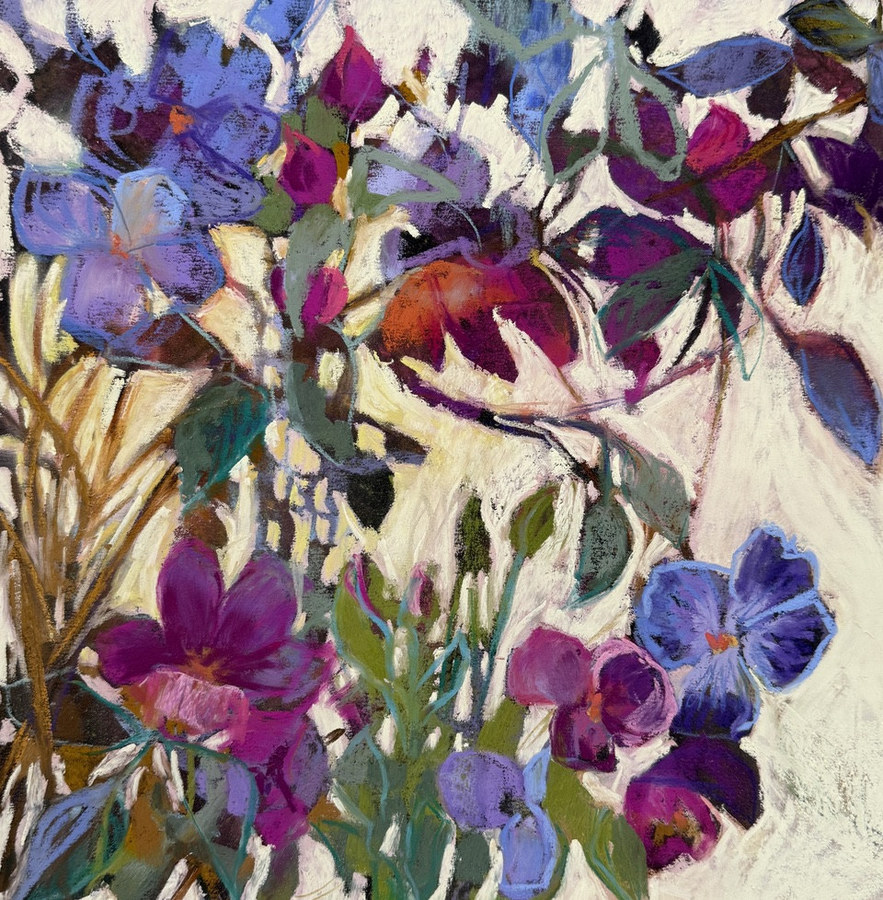 Blooming Lovely — soft pastel by Judy Tate, purple and magenta blooms against pale foliage