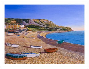 Cove Cottages and Shored Boats — limited edition print by Liz Wright, clinker boats drawn up on a shingle beach below chalk cliffs and a row of cottages