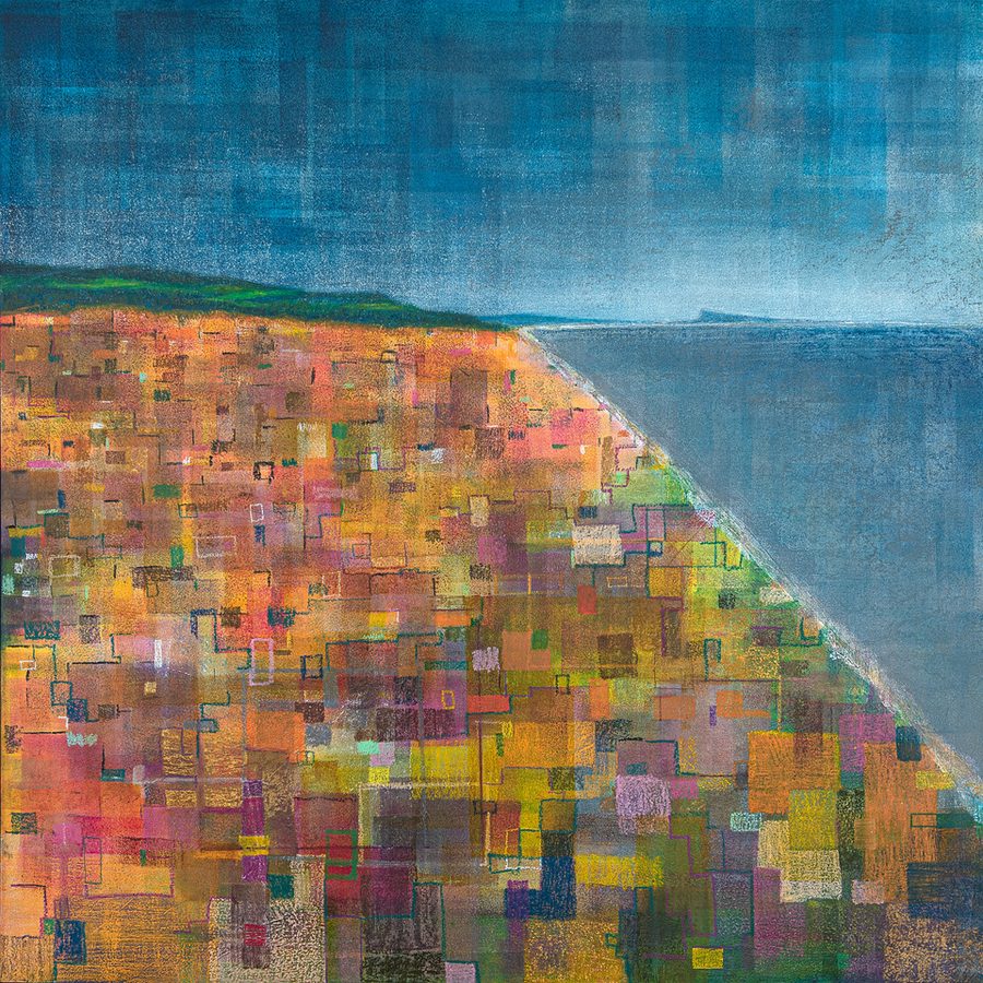 Chesil 2, Abbotsbury to Portland — mixed media by Mala Hassett, the shingle bank as a patchwork of coloured squares running diagonally to a pale sea and a low headland