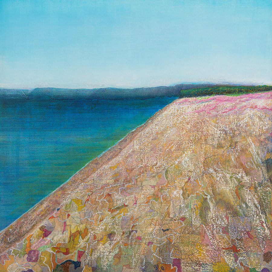 Chesil 3, Abbotsbury to Lyme Regis — mixed media by Mala Hassett, a pale mottled shingle bank sloping to a turquoise sea and a dark line of coast under a clear sky