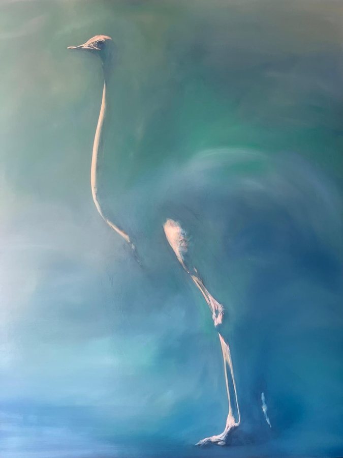 Olwen — oil on linen by Michelle McCullagh, a pale flamingo curving its neck against a ground of green and blue