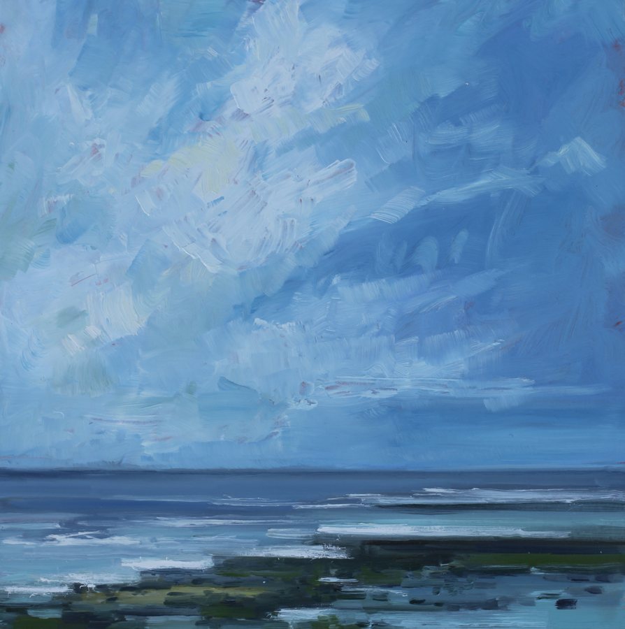 Low Tide Looking Out To Sea — oil on canvas by Morgan Willey, a wide blue sky of loose cloud over a low horizon, green weed showing through the shallows at low tide