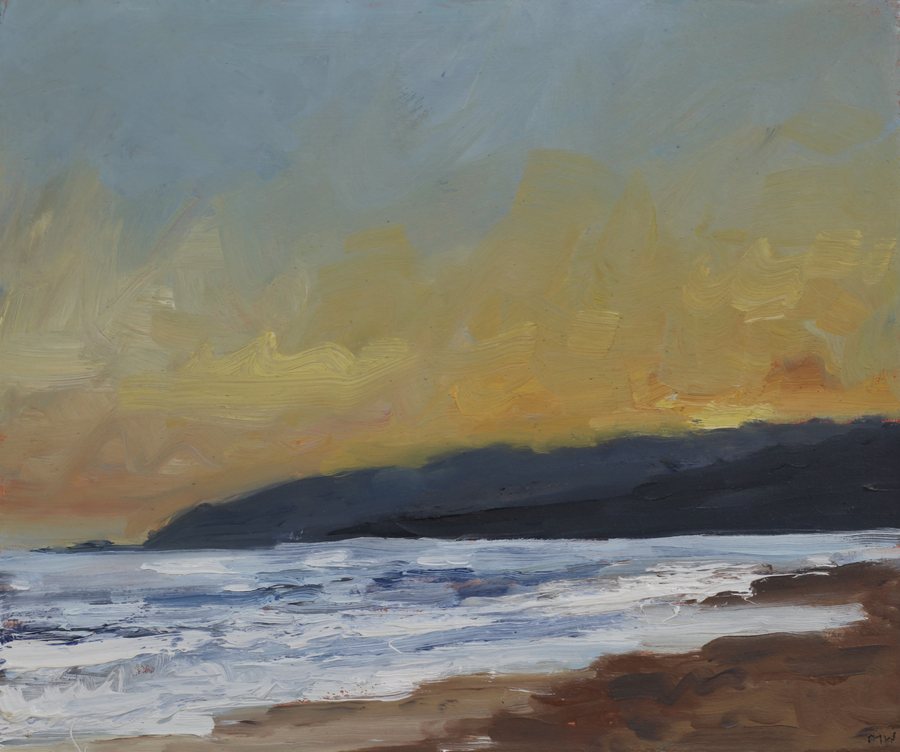 Sunset Looking Towards Lyme Regis — oil on canvas by Morgan Willey, a gold and grey sunset above a dark headland, surf breaking onto a brown shingle beach