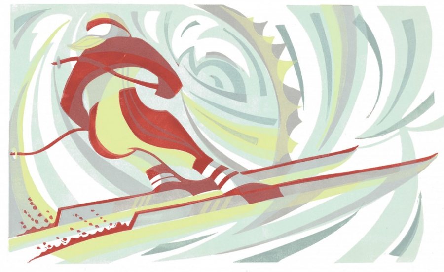 On the Edge — framed original lino print by Paul Cleden, a skier in red cutting across a swirl of pale green and cream