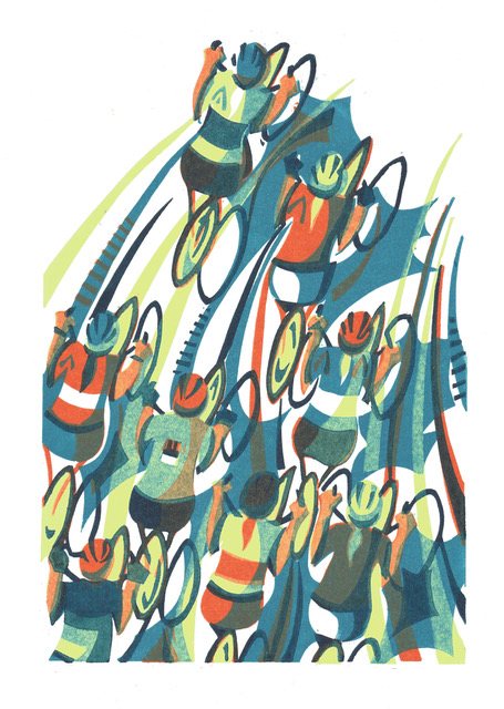 Racing Shadows — framed lino print by Paul Cleden, a mass of cyclists in teal, orange and cream, bodies and wheels overlapping into one sweep of movement