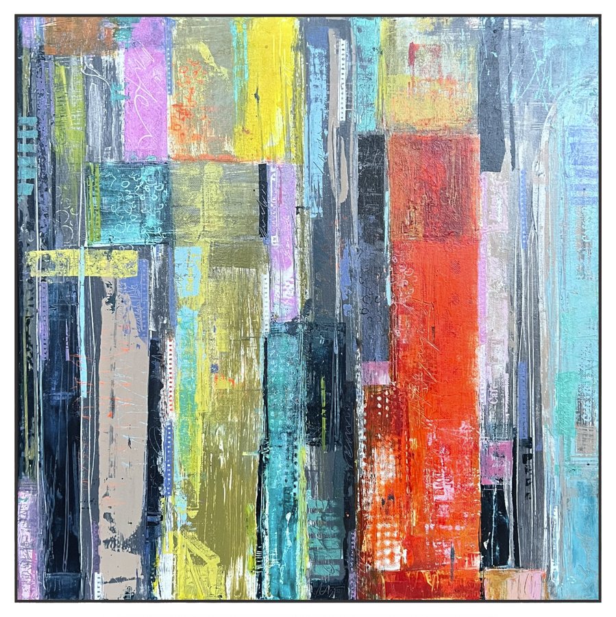 Film in Colour — screenprint and acrylic on canvas by Rebecca Guyett, vertical bands of yellow, red, blue and grey like a strip of film, in an integral ash frame