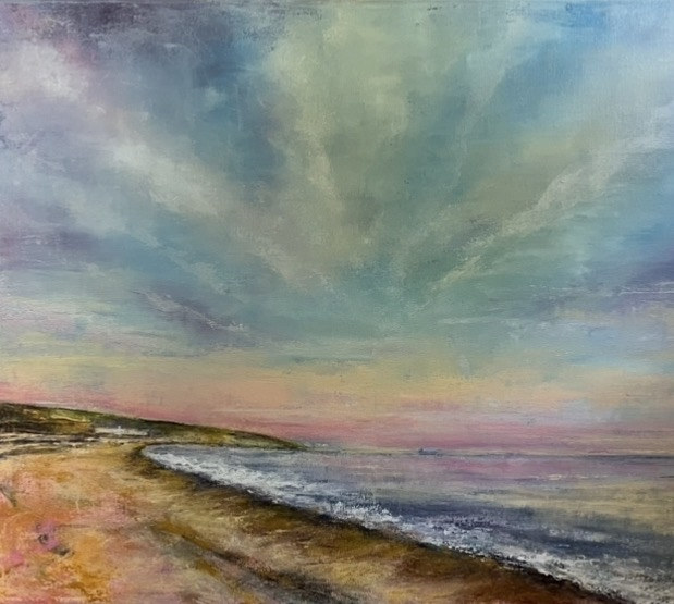 Sky Blue Pink Over Bowleaze — painting by Rebecca Guyett, a wide sky over the shoreline at Bowleaze in blue, pink and gold