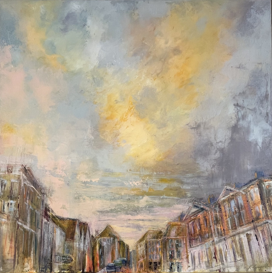 Sunset Rooftops, Poundbury — oil on canvas by Rebecca Guyett, Poundbury rooftops under a gold and grey evening sky