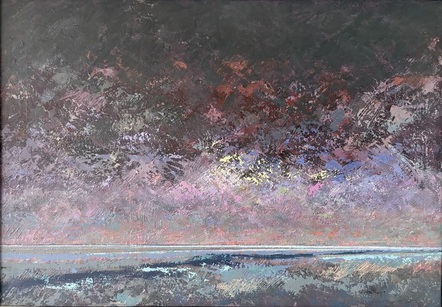 Estuary — acrylic on canvas by Roy Winstanley, a wide textured sky of purple, grey and rose over a thin pale band of water and dark mudflats
