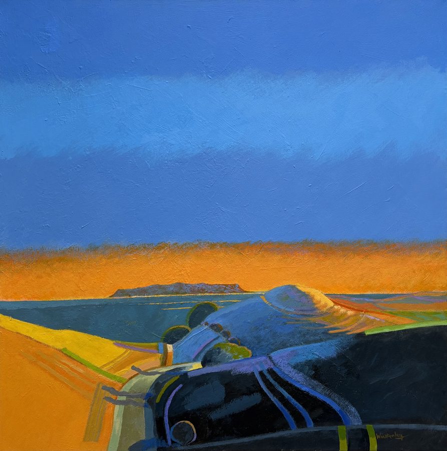 Out to Sea to Portland — acrylic on canvas by Roy Winstanley, a road curving between blue and gold hills towards the sea, Portland a dark shape on the horizon under a banded blue sky