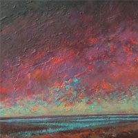 Wetlands — acrylic by Roy Winstanley, a sky of crimson, rust and turquoise breaking through dark cloud above a low strip of water