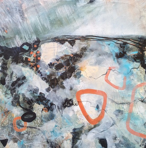 Mossy Shore — mixed media on canvas by Stella Bawden-Hollis, a pale shoreline abstract in greys, black and white with orange triangular loops and touches of turquoise