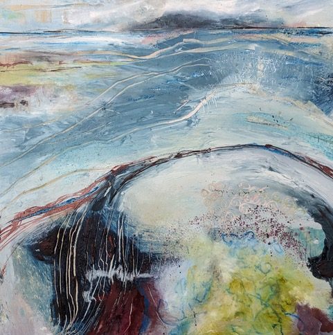 You Have Come a Long Way — oil on board by Stella Bawden-Hollis, a dark curved headland scratched with pale lines beneath washed blue-grey water and sky