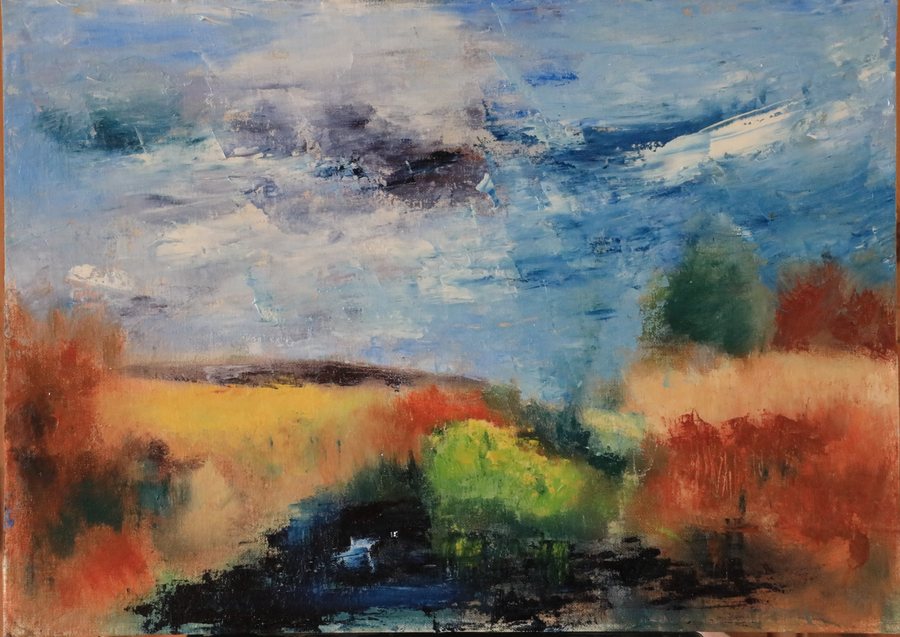 Autumn Heath — oil by Stephen Calver, a heath in ochre and rust below a soft blue-grey sky, a dark line of scrub across the middle distance