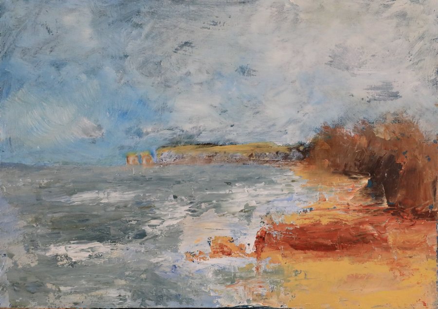 South Beach — oil on board by Stephen Calver, a pale estuary under a heavy grey sky with rust and ochre saltmarsh along the far shore
