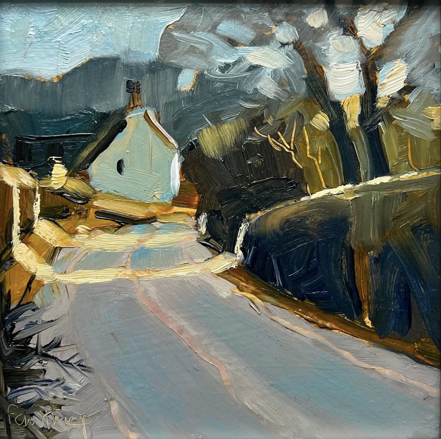 Last Light, Okeford Fitzpaine — oil painting by Sue Fawthrop, a lane curving past a white cottage and bare winter trees under a grey sky