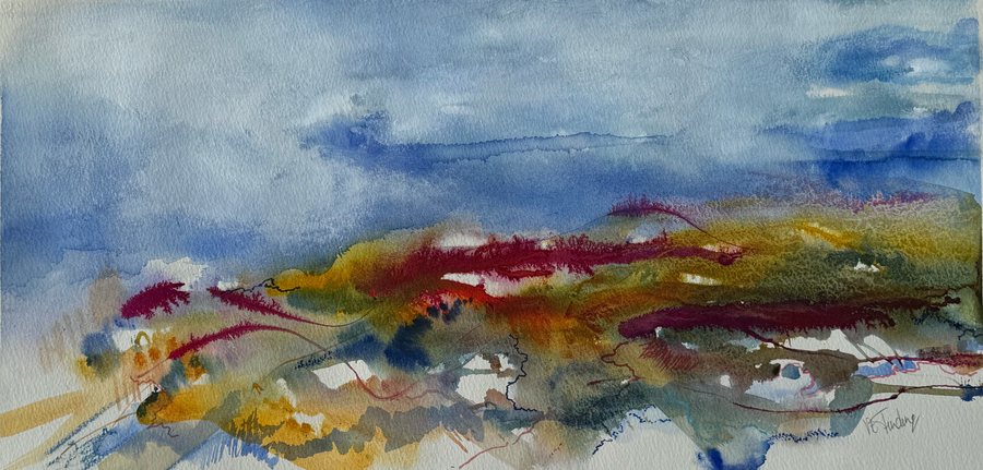 Ancient Hills — framed watercolour by Vicky Finding, a wash of blue and grey hills with a seam of crimson, gold and green breaking across the middle
