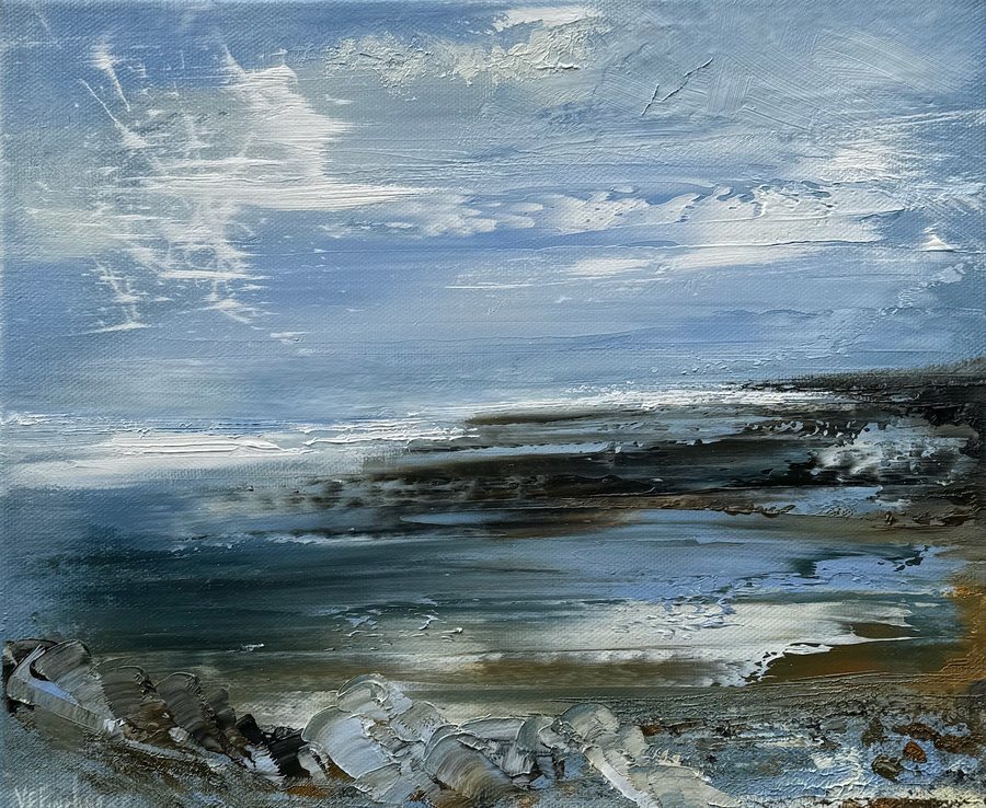 Crevasses of Imagination — oil on canvas by Vicky Finding, a high pale sky streaked with cloud over a dark broken shoreline in blues, greys and ochre