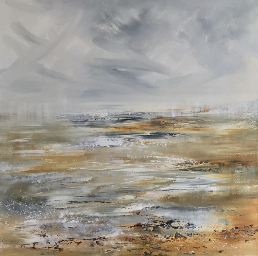 Tide Recedes — oil on canvas by Vicky Finding, a wide beach at low tide in ochre and grey, pale pools catching the light under a heavy sky