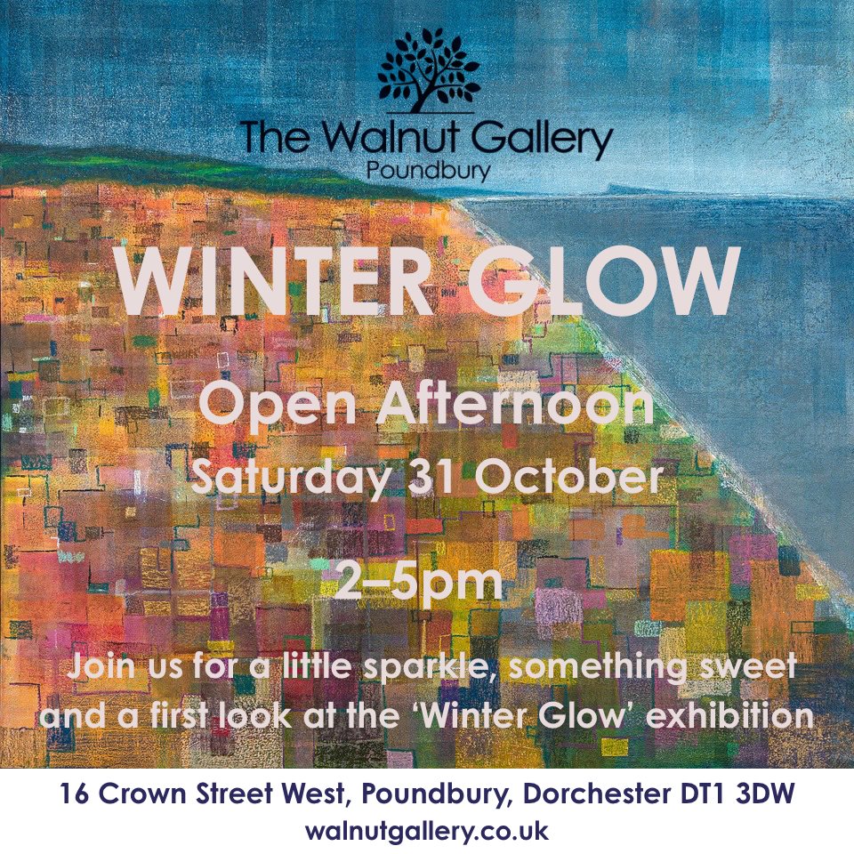 Winter Glow Open Afternoon at The Walnut Gallery, Saturday 31 October, 2–5pm — the invitation, set on Mala Hassett's painting of the Chesil shingle bank in gold, pink and turquoise beneath a blue sea